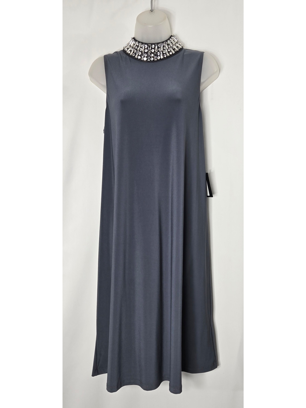 Marina Sleeveless Jewel Collar A-Line Dress - Grey